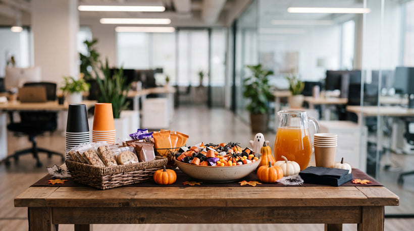 Office break room table setup with Halloween candy and snack